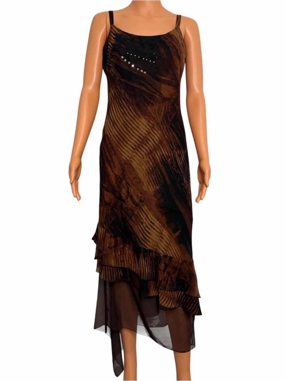 Vintage Italian Maxi Dress Zebra Print Sequin Beaded Handkerchief Hem Size L